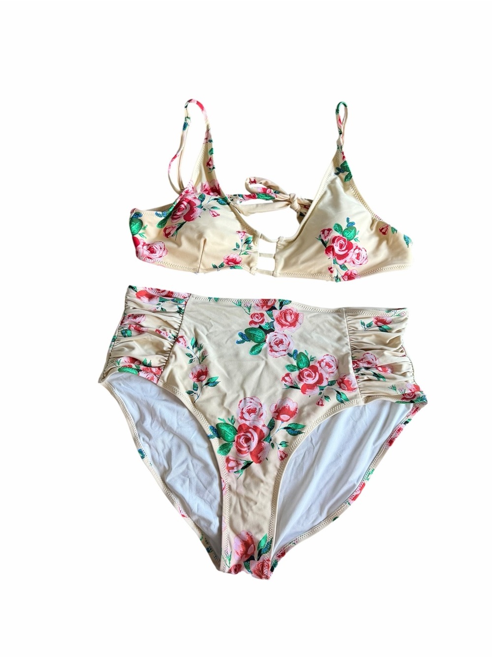 🌟Cupshe Cream Floral High-Waist Bikini Set with Pink Rose Print